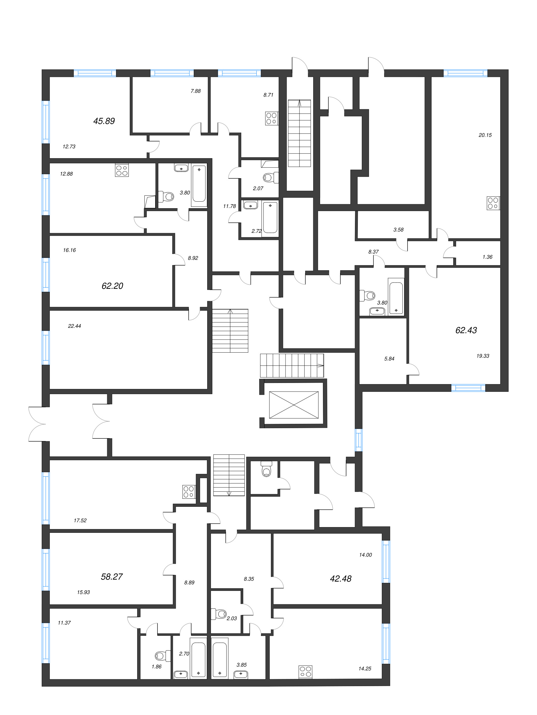 2-комнатная (Евро) квартира, 62.43 м² - планировка этажа