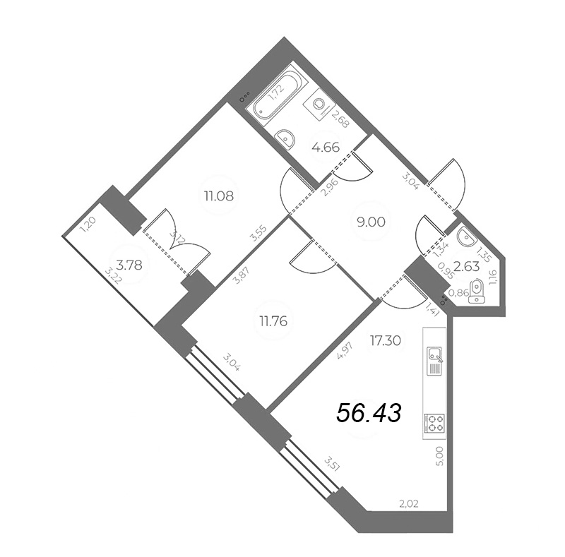 3-комнатная (Евро) квартира, 58.32 м² - планировка, фото №1