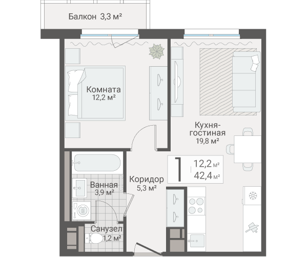 2-комнатная (Евро) квартира, 42.4 м² в ЖК "Руднева 15" - планировка, фото №1