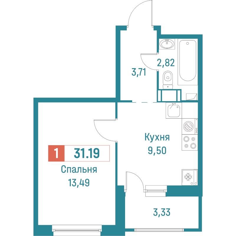 1-комнатная квартира, 31.19 м² в ЖК "Графика" - планировка, фото №1