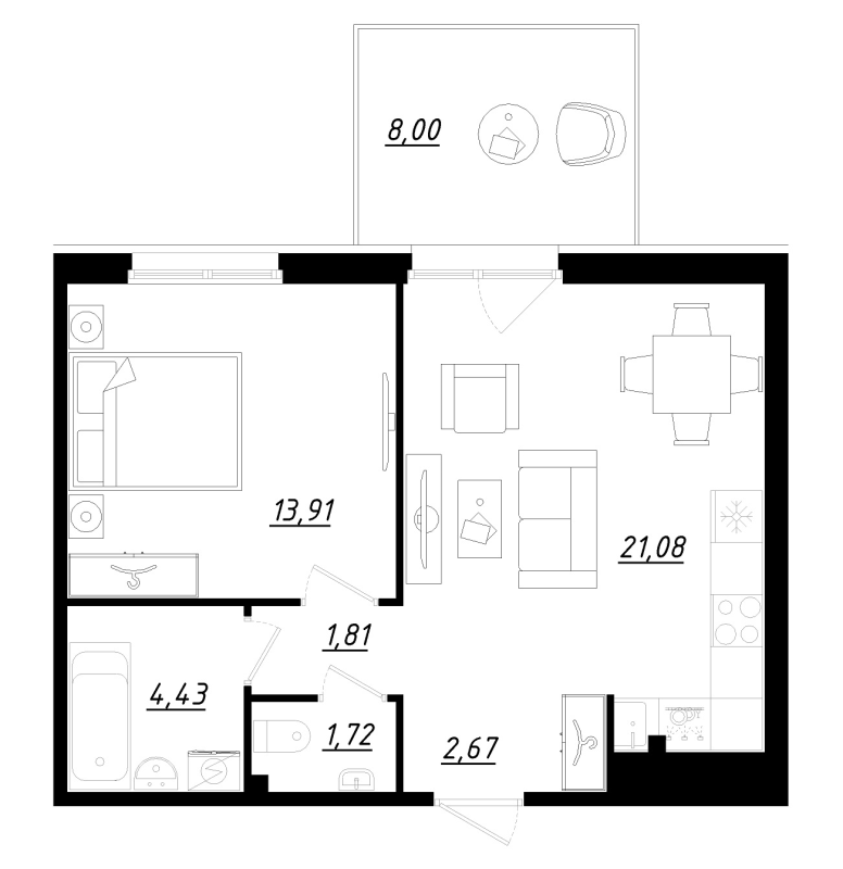 2-комнатная (Евро) квартира, 48 м² - планировка, фото №1