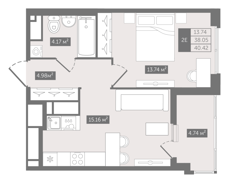 2-комнатная (Евро) квартира, 40.42 м² в ЖК "N8" - планировка, фото №1