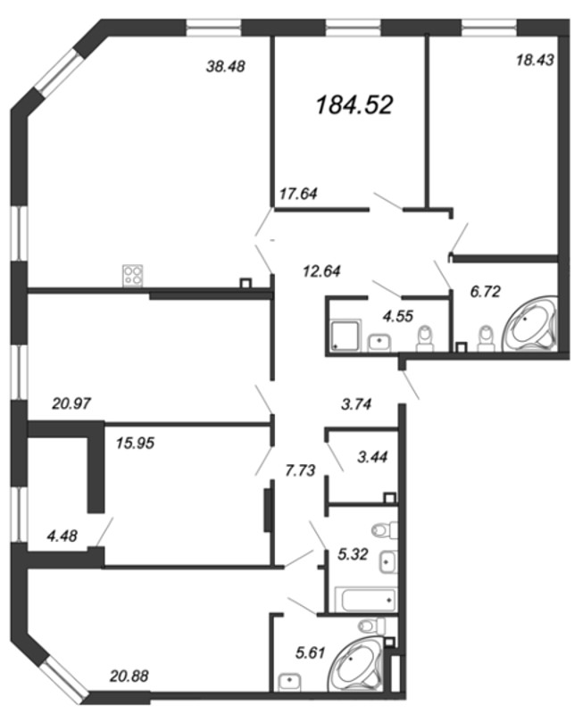 5-комнатная квартира, 185.9 м² - планировка, фото №1