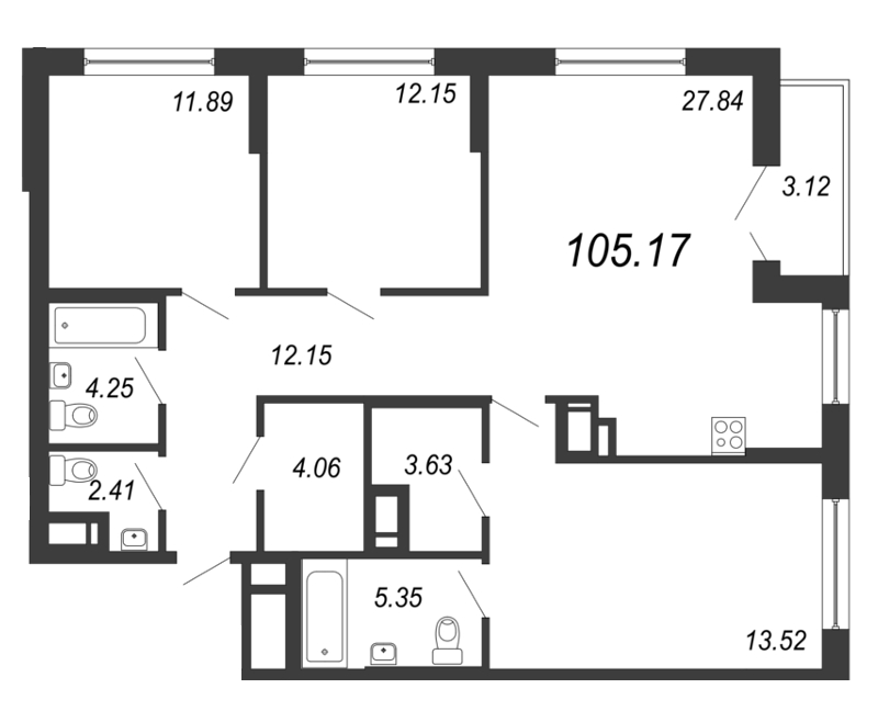 4-комнатная (Евро) квартира, 104.3 м² - планировка, фото №1