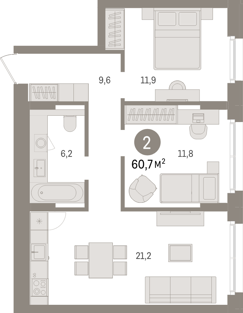 3-комнатная (Евро) квартира, 60.7 м² - планировка, фото №1