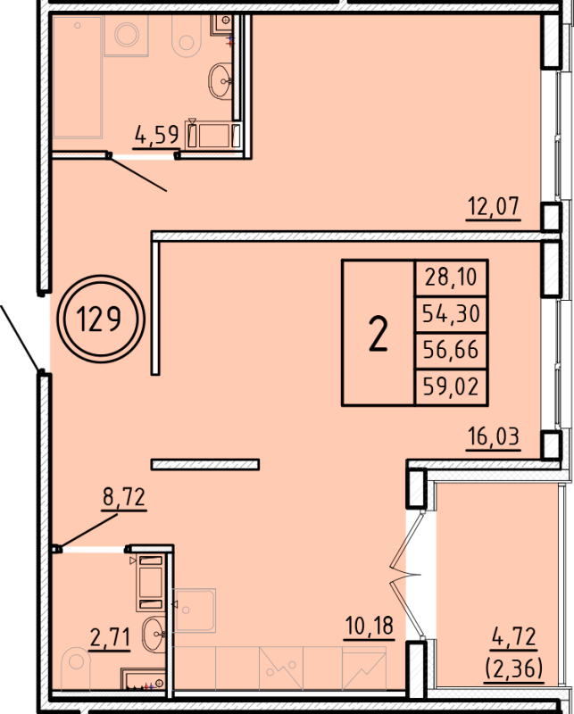 2-комнатная квартира, 54.3 м² - планировка, фото №1