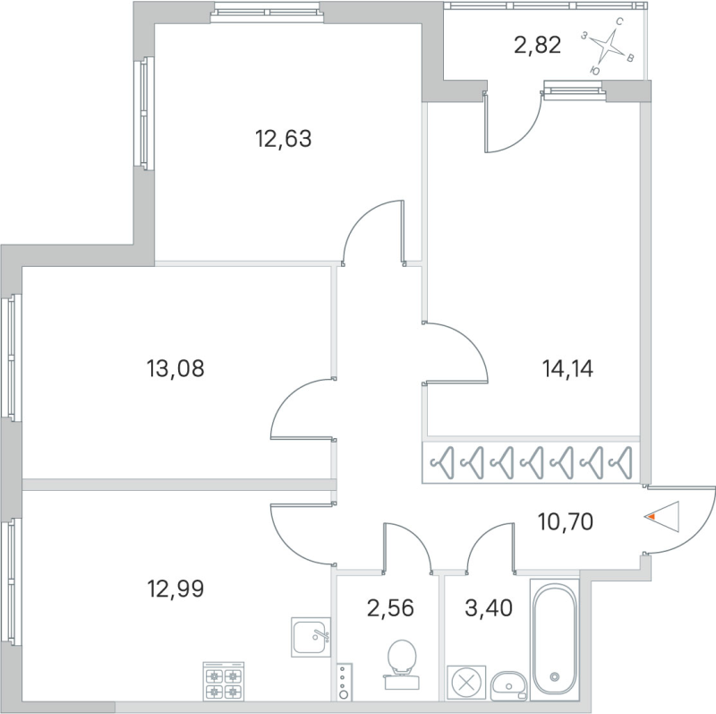 3-комнатная квартира, 69.5 м² в ЖК "Любоград" - планировка, фото №1