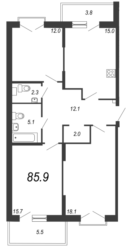 3-комнатная квартира, 86.3 м² - планировка, фото №1