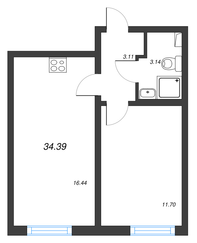 2-комнатная (Евро) квартира, 34.39 м² в ЖК "Морская миля" - планировка, фото №1