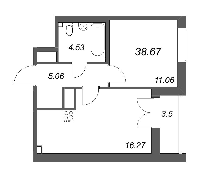 2-комнатная (Евро) квартира, 38.2 м² в ЖК "Дефанс Бизнес" - планировка, фото №1