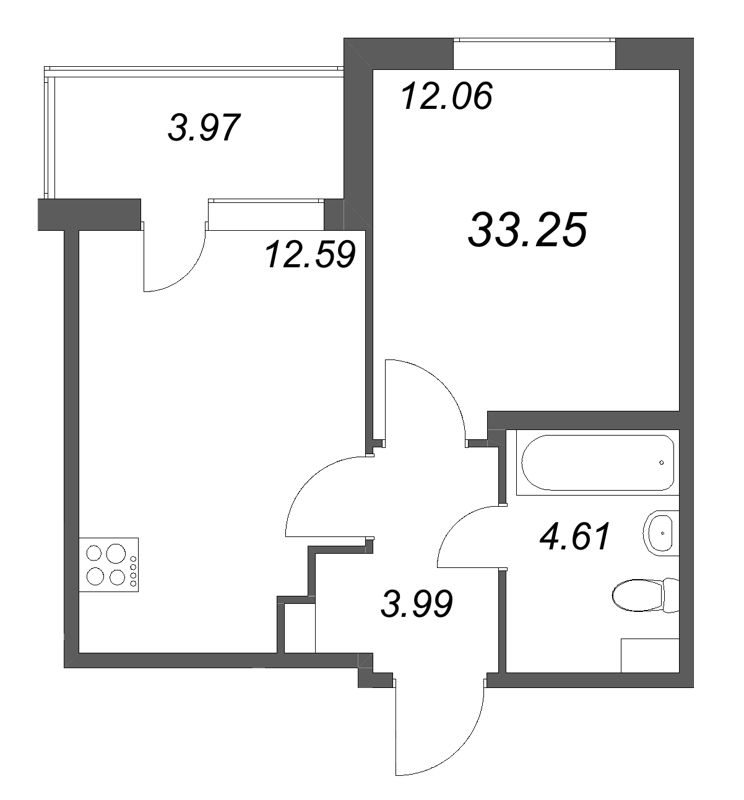 1-комнатная квартира, 33.25 м² в ЖК "ЮгТаун" - планировка, фото №1