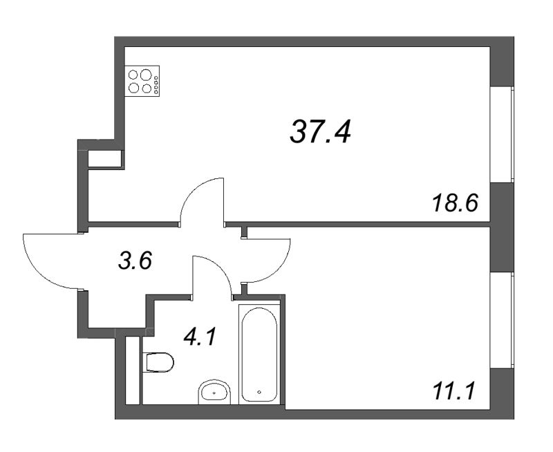 2-комнатная (Евро) квартира, 37.4 м² в ЖК "Большая Охта" - планировка, фото №1