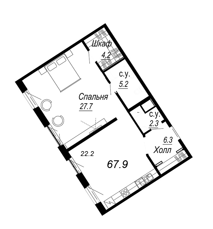 2-комнатная (Евро) квартира, 67.8 м² - планировка, фото №1
