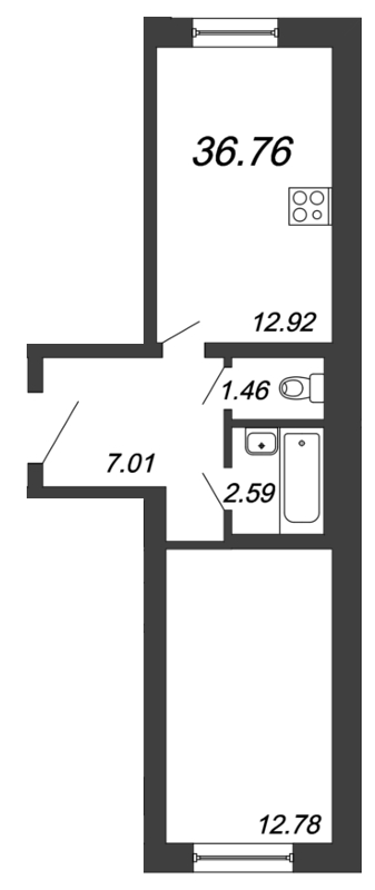 2-комнатная (Евро) квартира, 36.76 м² - планировка, фото №1