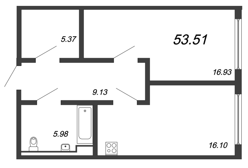 1-комнатная квартира, 52.28 м² в ЖК "Valo" - планировка, фото №1