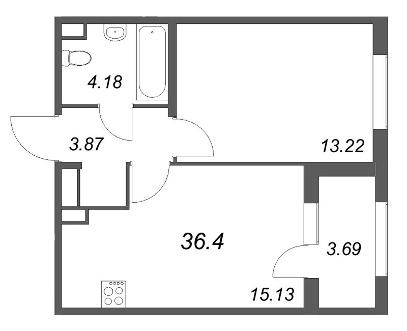2-комнатная (Евро) квартира, 36.4 м² в ЖК "Дубровский" - планировка, фото №1