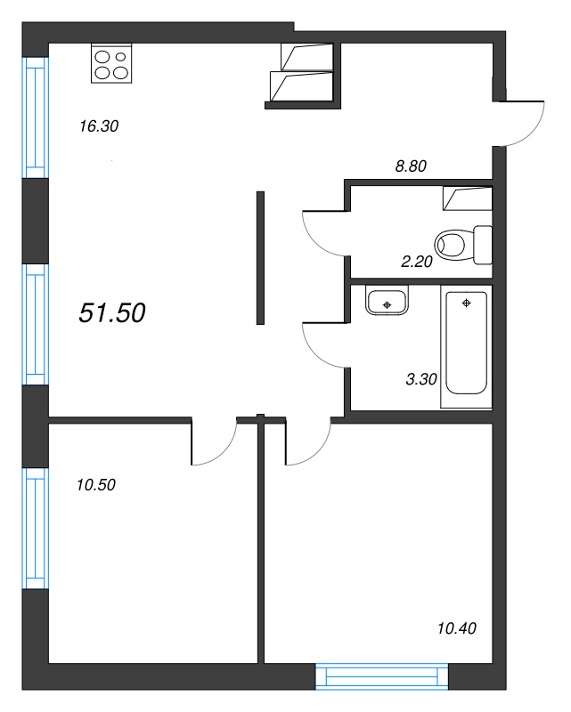 3-комнатная (Евро) квартира, 51.5 м² в ЖК "Струны" - планировка, фото №1