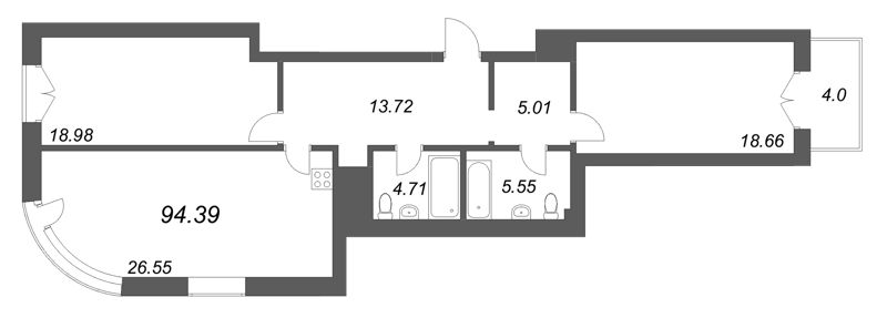 3-комнатная (Евро) квартира, 94.39 м² в ЖК "Фонтанка 130" - планировка, фото №1