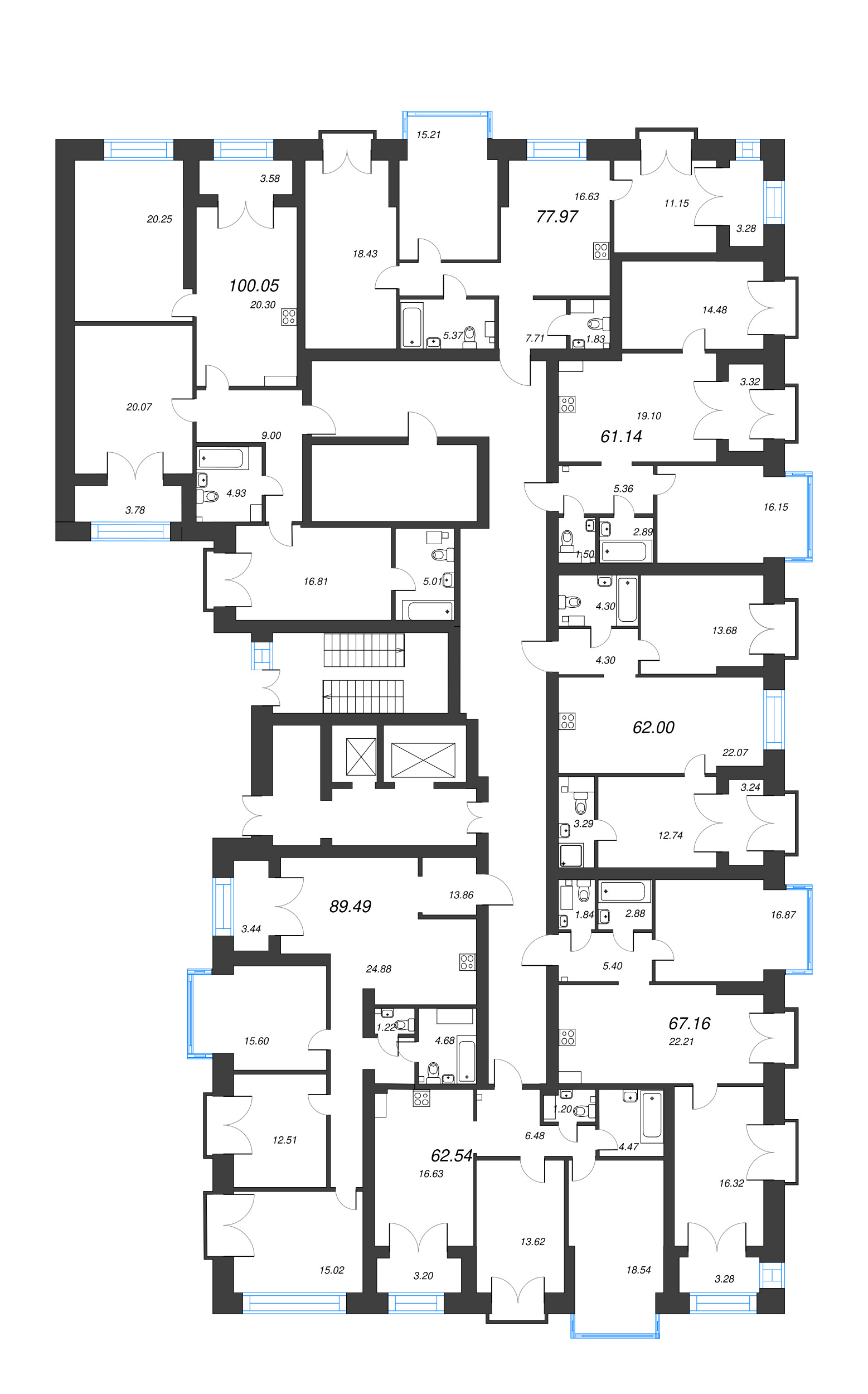 3-комнатная квартира, 89.49 м² - планировка этажа