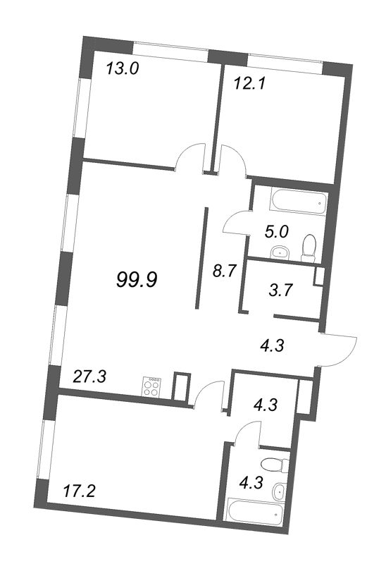 4-комнатная (Евро) квартира, 100.2 м² в ЖК "Визионер" - планировка, фото №1