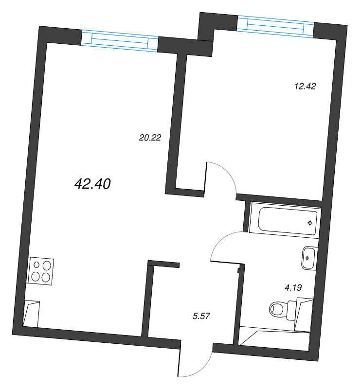 2-комнатная (Евро) квартира, 42.4 м² в ЖК "Легенда Васильевского" - планировка, фото №1