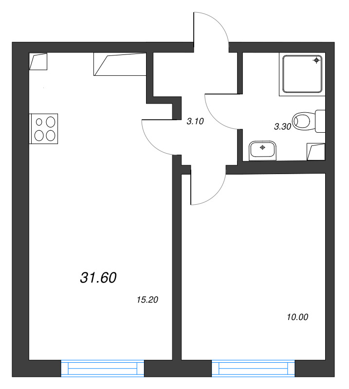 2-комнатная (Евро) квартира, 31.6 м² в ЖК "Ручьи" - планировка, фото №1