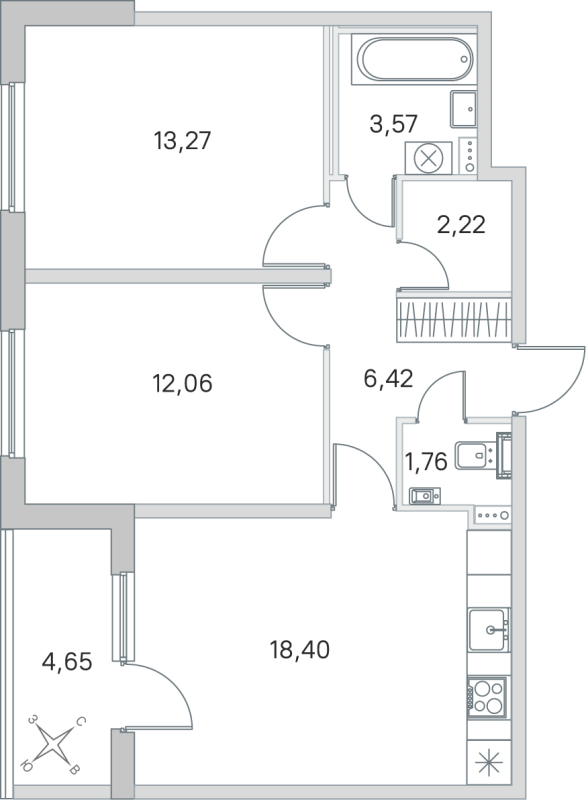 3-комнатная (Евро) квартира, 57.7 м² в ЖК "Любоград" - планировка, фото №1