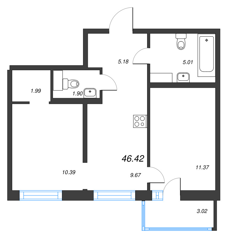 2-комнатная квартира, 46.42 м² - планировка, фото №1