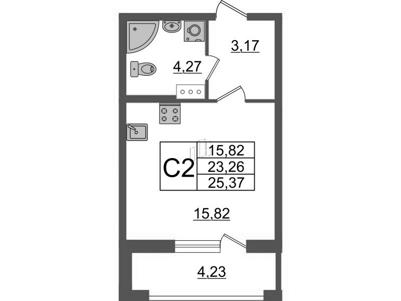 Квартира-студия, 25.37 м² - планировка, фото №1 Квартира-студия, 25.37 м² - планировка, фото №1