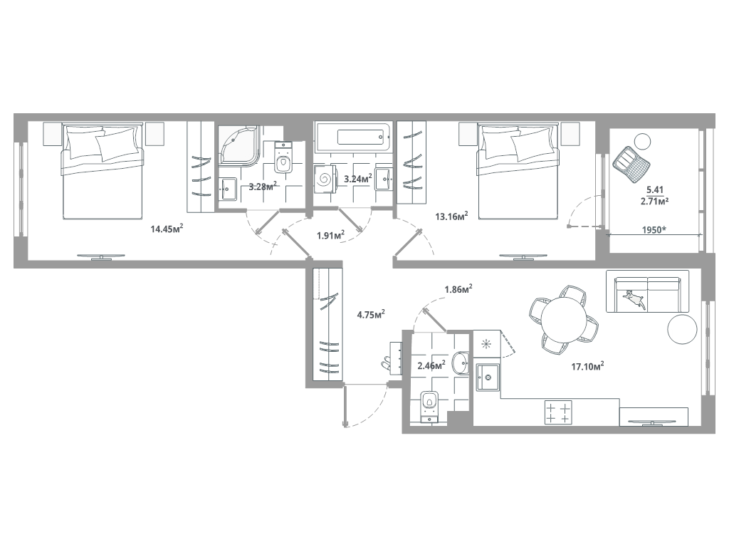 3-комнатная (Евро) квартира, 64.92 м² в ЖК "ЛесArt" - планировка, фото №1