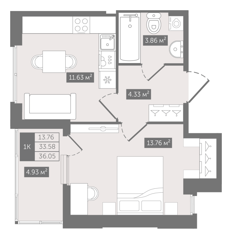 1-комнатная квартира, 36.05 м² в ЖК "N8" - планировка, фото №1