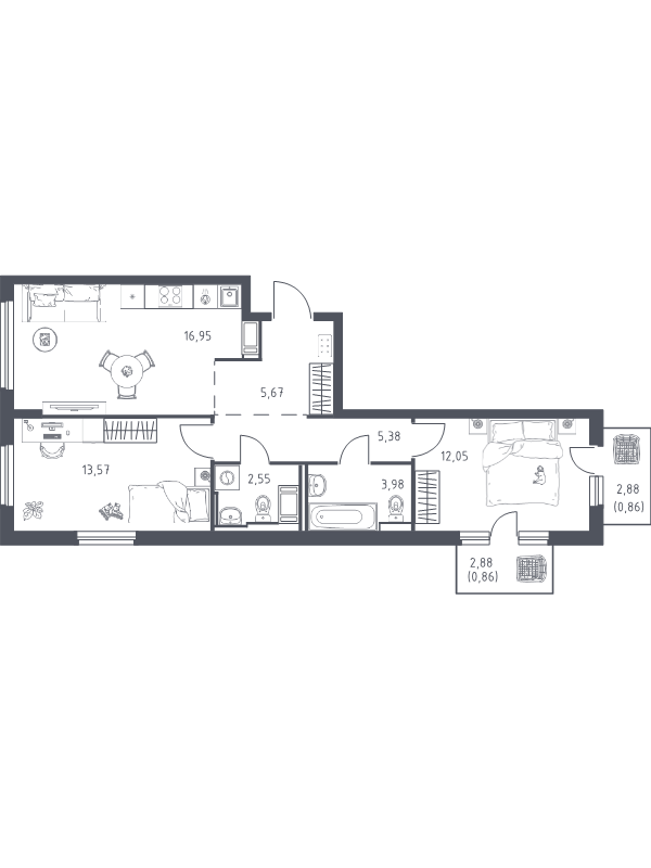 3-комнатная (Евро) квартира, 61.87 м² в ЖК "Новое Колпино" - планировка, фото №1