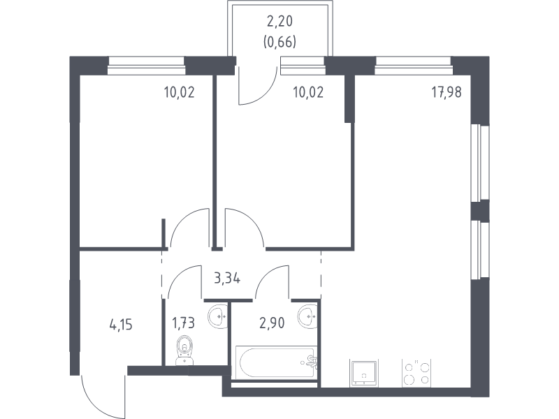 3-комнатная (Евро) квартира, 50.8 м² - планировка, фото №1