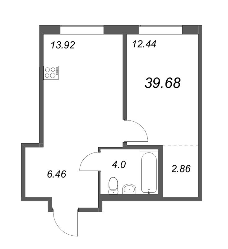 2-комнатная (Евро) квартира, 39.68 м² - планировка, фото №1