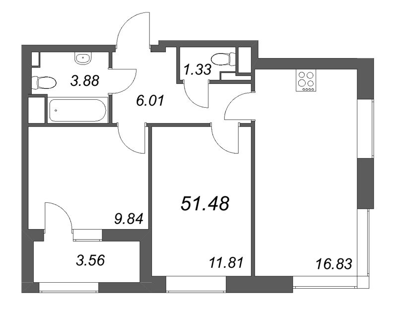 3-комнатная (Евро) квартира, 51.48 м² в ЖК "Гранат" - планировка, фото №1