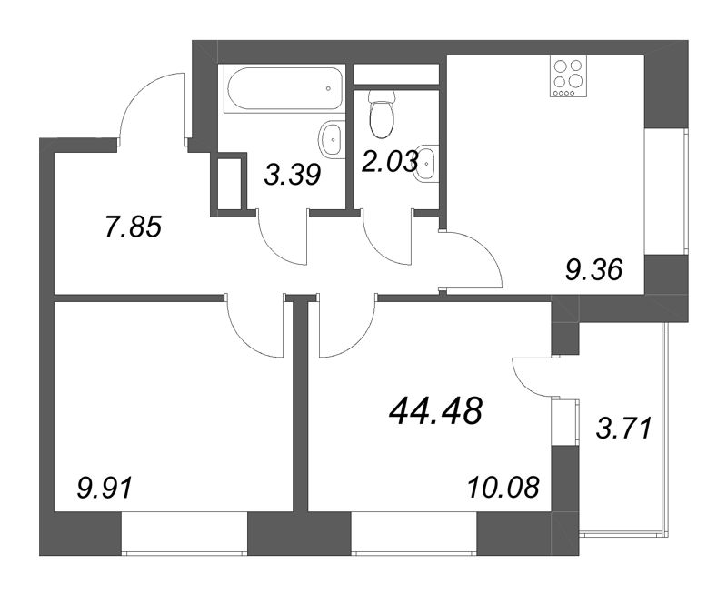 2-комнатная квартира, 44.48 м² в ЖК "Аквилон Солар" - планировка, фото №1