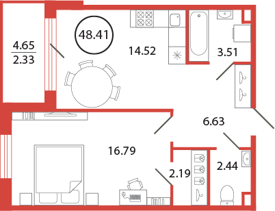 1-комнатная квартира, 48.41 м² - планировка, фото №1