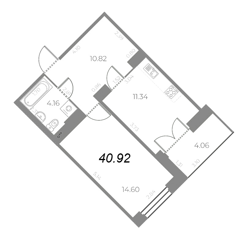 1-комнатная квартира, 42.95 м² - планировка, фото №1