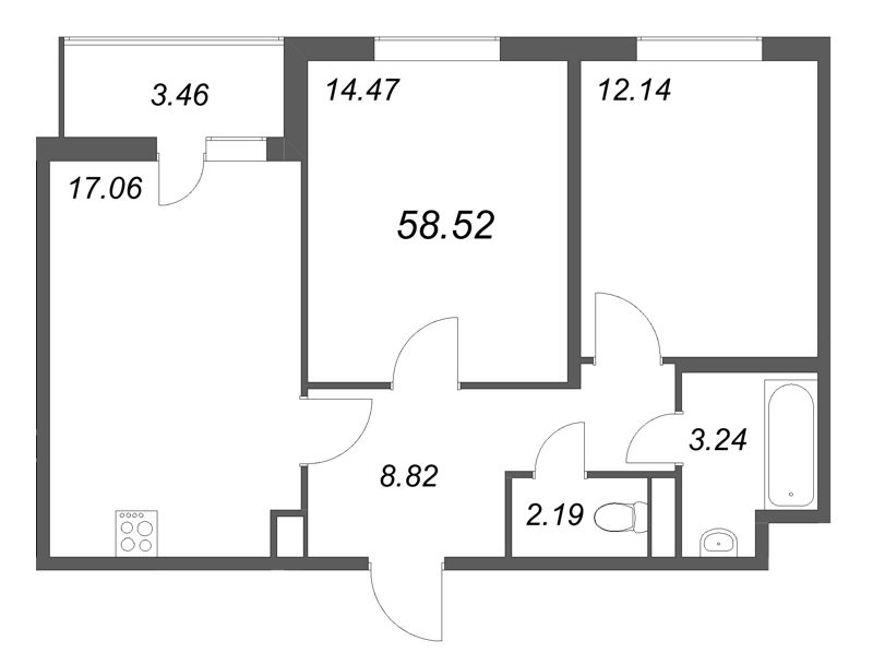 3-комнатная (Евро) квартира, 58.52 м² - планировка, фото №1