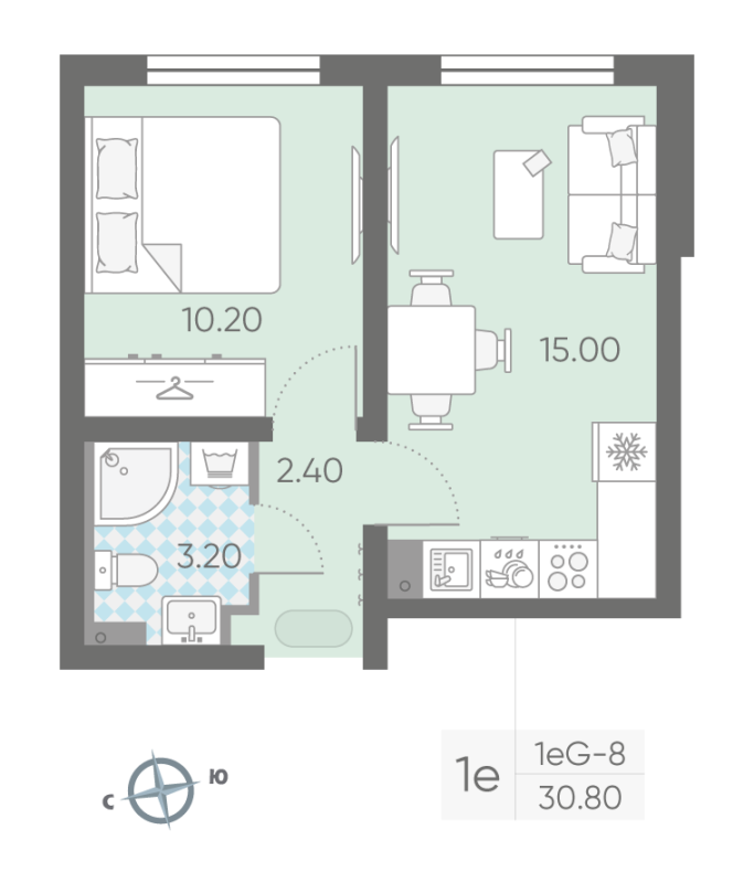 2-комнатная (Евро) квартира, 30.6 м² - планировка, фото №1