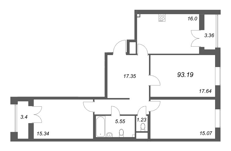 3-комнатная квартира, 93.19 м² в ЖК "Дефанс Бизнес" - планировка, фото №1