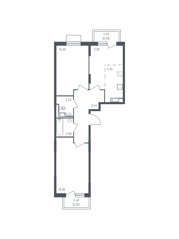 3-комнатная (Евро) квартира, 60.9 м² - планировка, фото №1