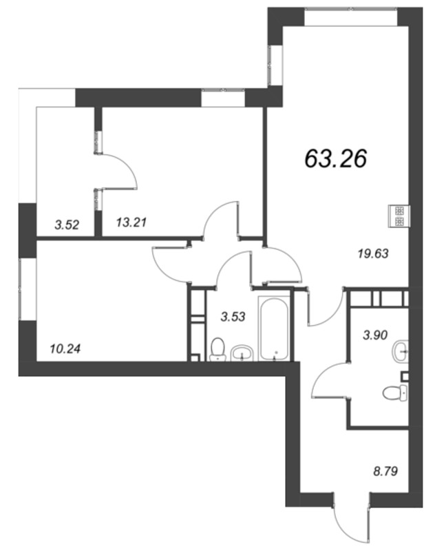 3-комнатная (Евро) квартира, 64 м² - планировка, фото №1