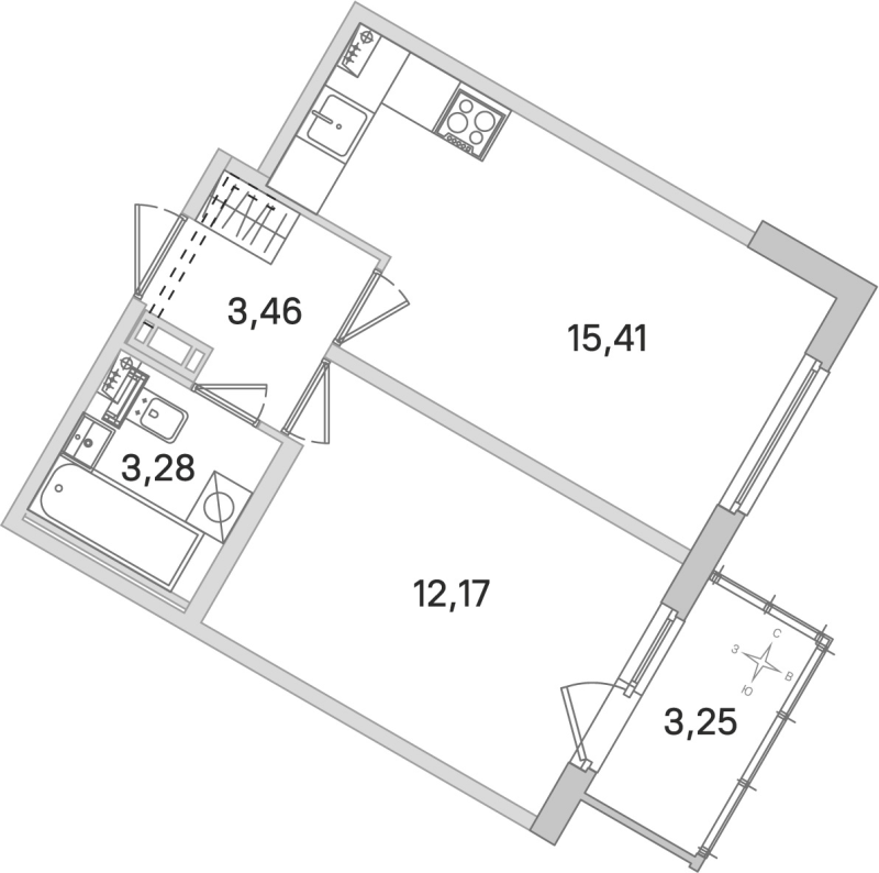 2-комнатная (Евро) квартира, 34.32 м² в ЖК "Любоград" - планировка, фото №1