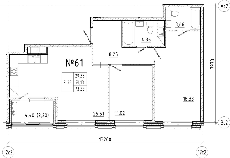 3-комнатная (Евро) квартира, 73.33 м² в ЖК "N8" - планировка, фото №1