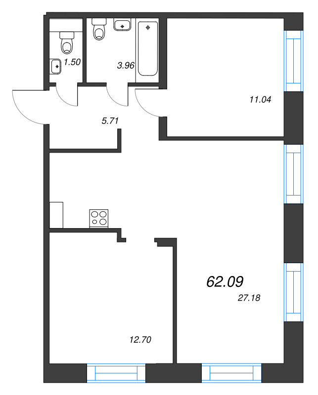 3-комнатная (Евро) квартира, 62.09 м² в ЖК "Alpen" - планировка, фото №1