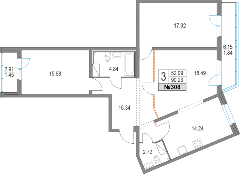 3-комнатная квартира, 90.23 м² - планировка, фото №1