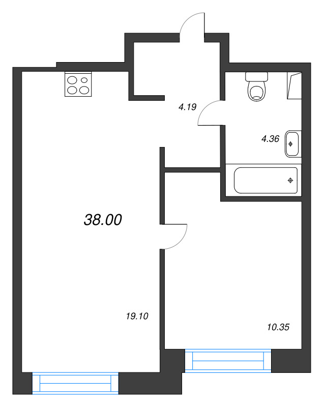 2-комнатная (Евро) квартира, 38 м² в ЖК "Остров Первых" - планировка, фото №1