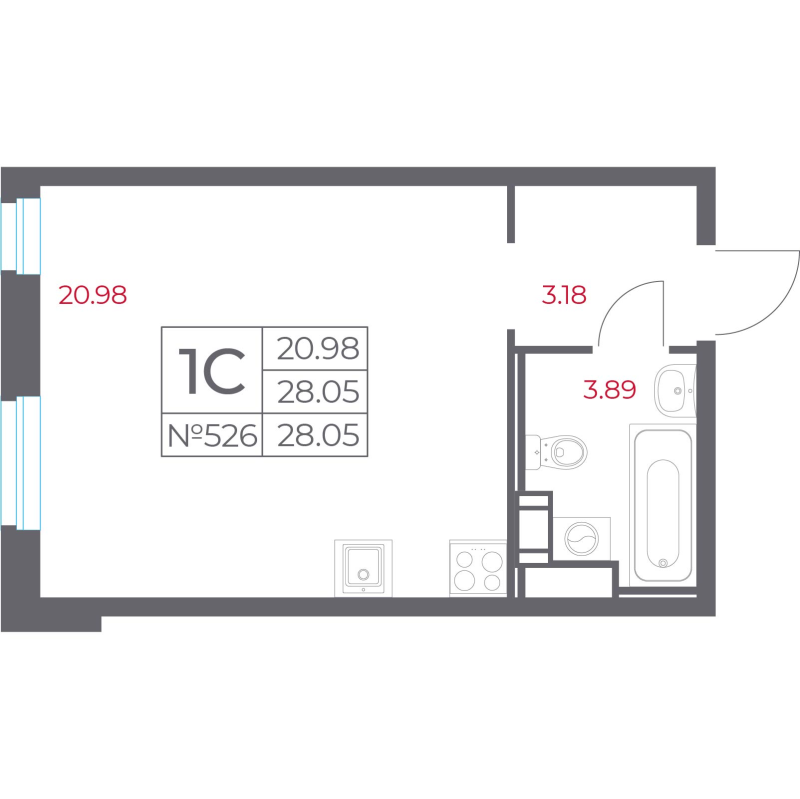 Квартира-студия, 28.05 м² в ЖК "Город-спутник Южный" - планировка, фото №1
