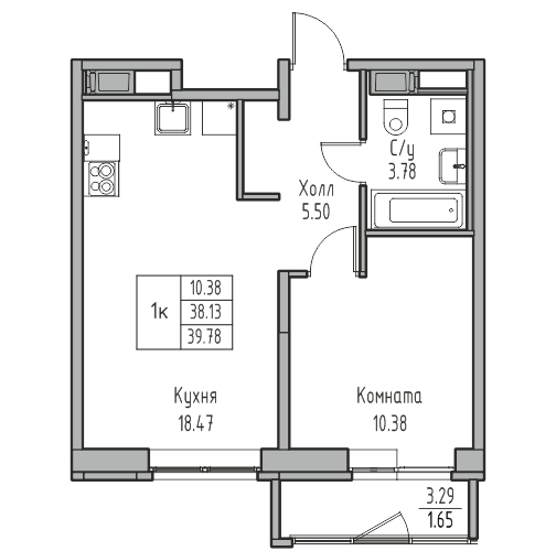 2-комнатная (Евро) квартира, 39.78 м² в ЖК "Юнтолово" - планировка, фото №1